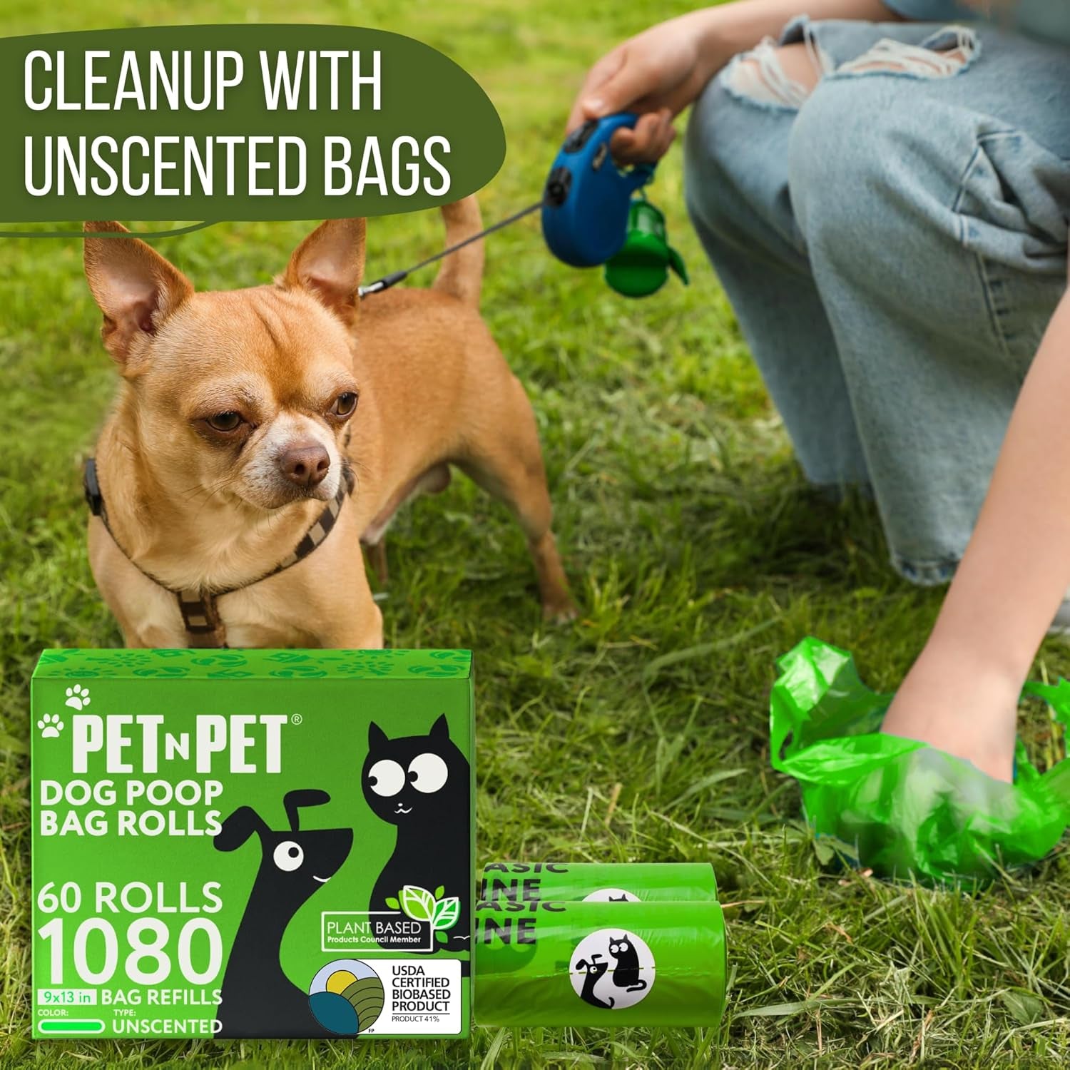 Dog Poop Bags - USDA Certified 41% Plant-Based Doggy Poop Bags - Leak-Proof Sac Caca Chien Refill Rolls (1080 Count, Unscented, Green)